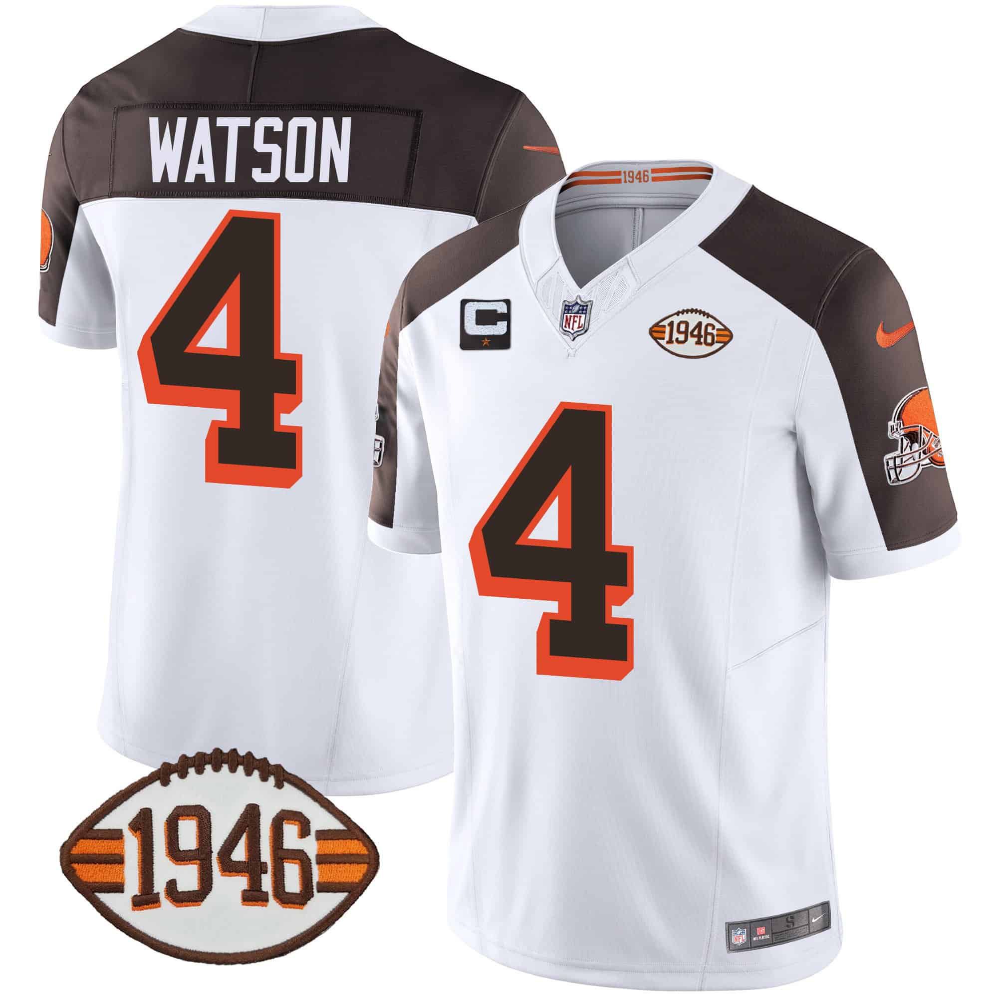 Men Cleveland Browns 4 Watson White 1946 75th Anniversary Patch 2024 Nike NFL Jersey style 1